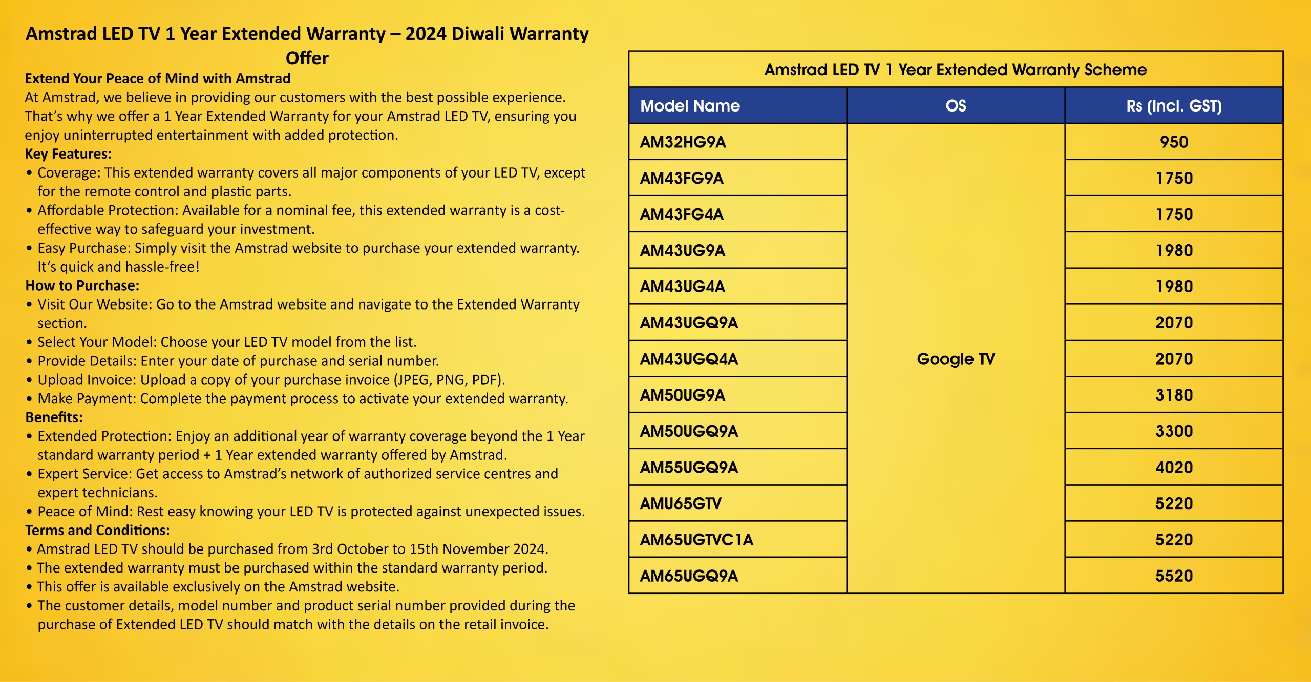 Amstrad LED TV Extended Warranty Details